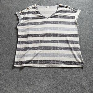 Xieerduo Womens Striped V-Neck Top Short Sleeve Shoulder Button Detail Casual 3X